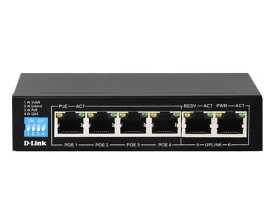 D-Link 6-Port 10/100Mbps PoE Switch with 4 Long Reach PoE Ports and 2 Uplink Ports. PoE