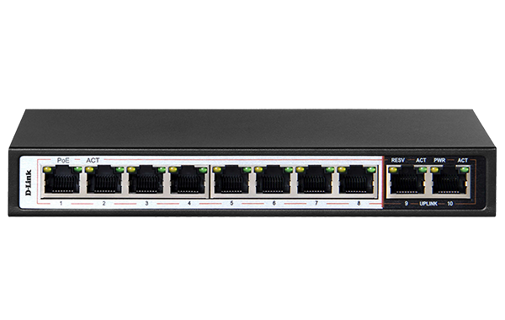 D-Link 10-Port 10/100Mbps PoE Switch with 8 Long Reach PoE Ports and 2 Uplink Ports. PoE