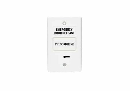 Resettable Emergency Door Release, White, Standard GPO Size, Built in buzzer and LED