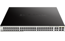 D-Link 52-Port Gigabit WebSmart PoE Switch with 48 PoE RJ45 and 4 SFP Ports. PoE budget 370W